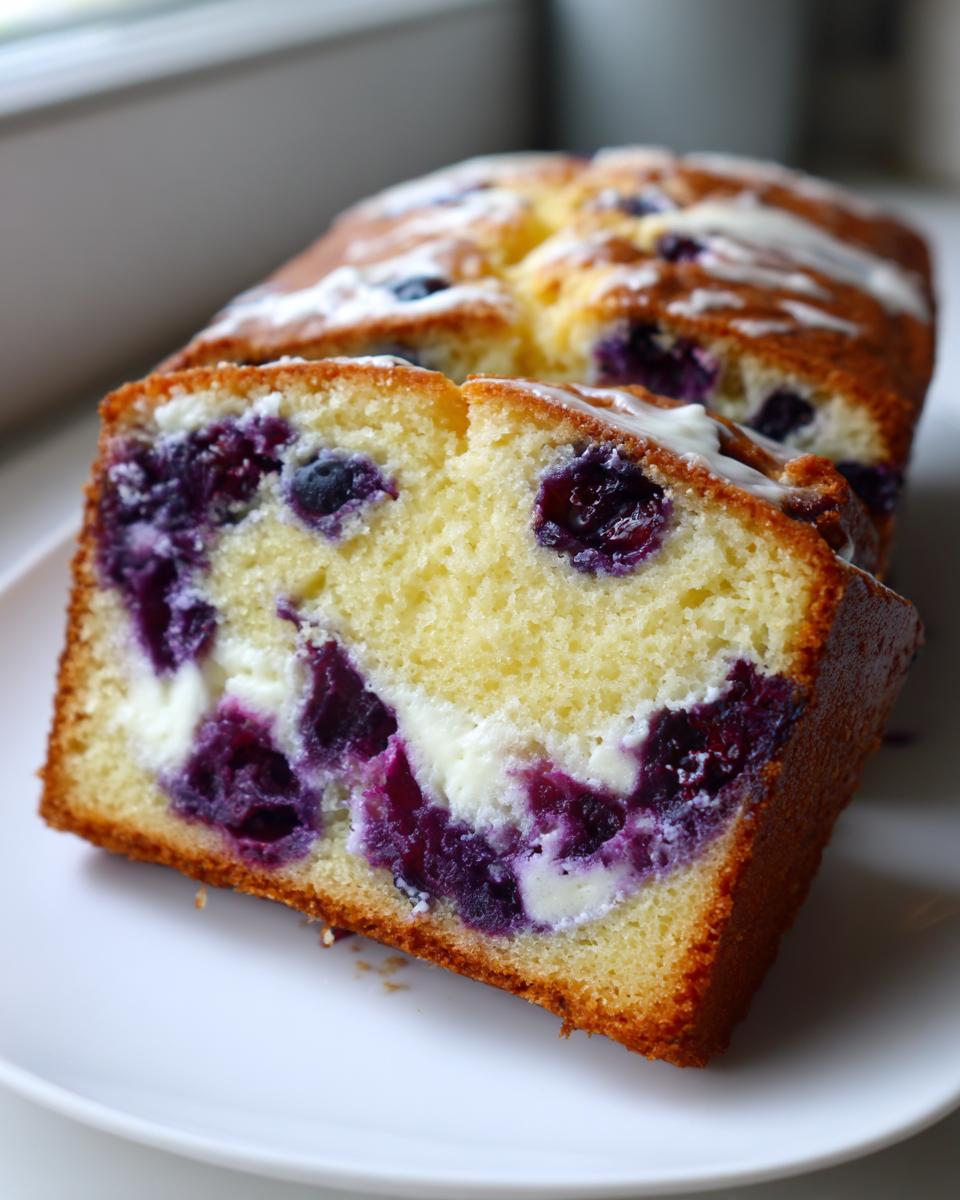 Close-up of a slice of moist Blueberry Cream Cheese Bread showing swirls of purple berries and white cream cheese filling.