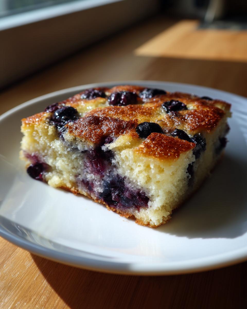 A thick slice of fluffy blueberry sheet pan pancakes served on a white plate.