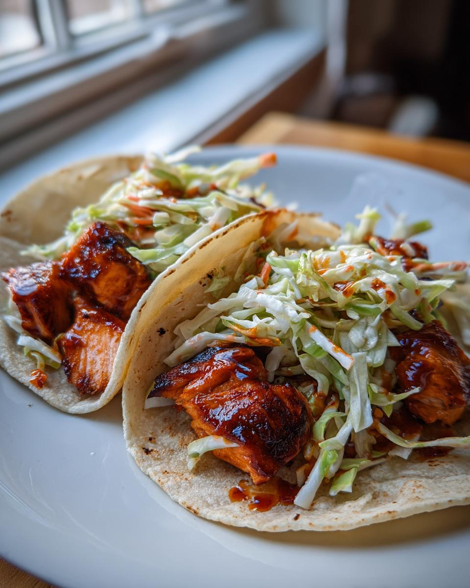 Two delicious salmon tacos filled with glazed salmon chunks and fresh cabbage slaw, ready to eat.