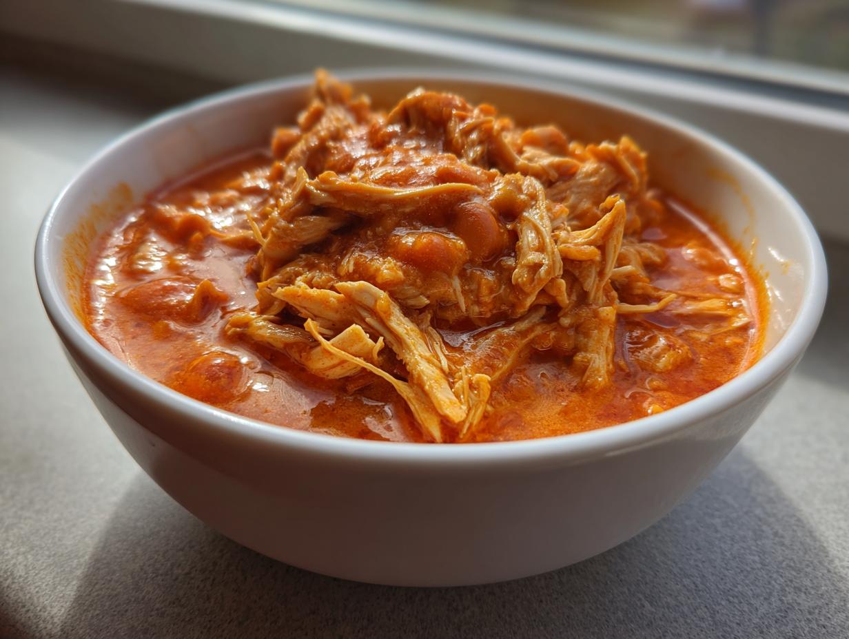 Close-up of a white bowl filled with shredded chicken in a rich, orange-red sauce, representing buffalo chicken chili.