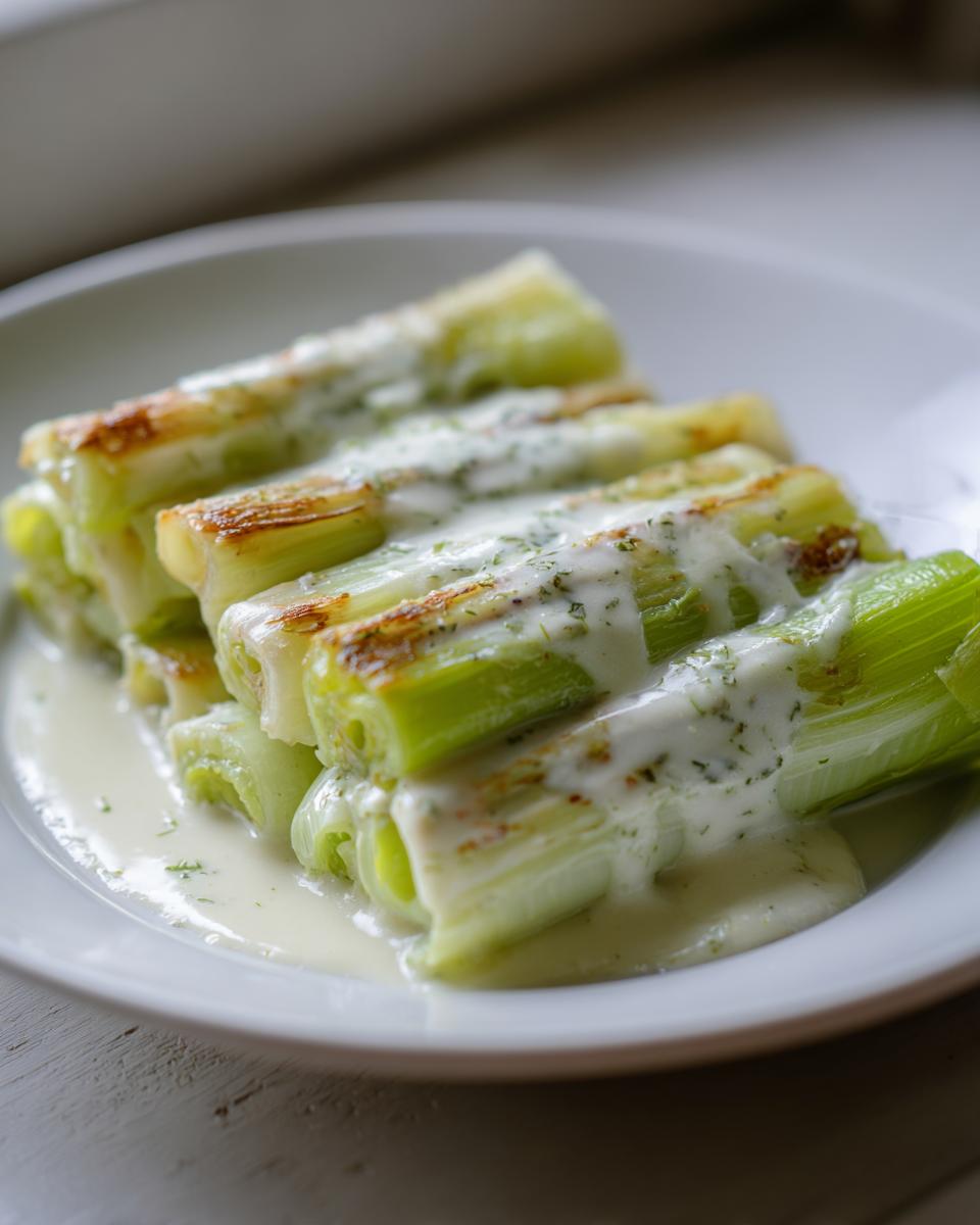 Close-up of tender braised leeks topped with a creamy white sauce and herbs, served on a white plate.