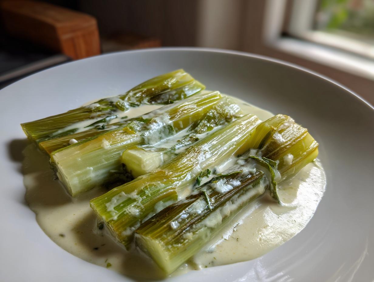 Four pieces of tender braised leeks served in a creamy white sauce on a white plate.