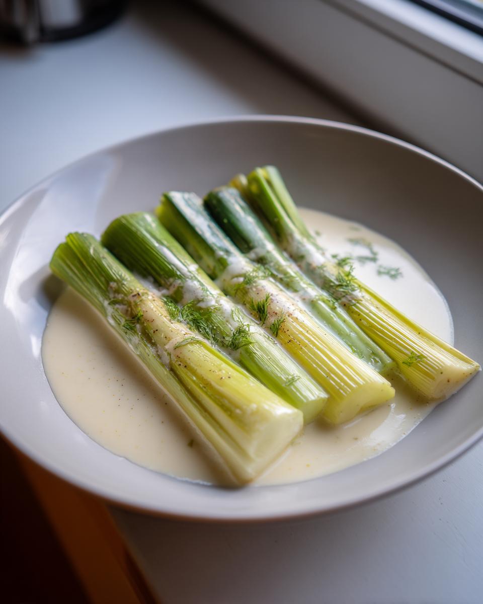 Four stalks of tender braised leeks served in a shallow pool of creamy white sauce, garnished with dill.