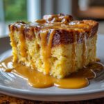 A rich slice of bread pudding with bourbon sauce generously drizzled over the top and pooling on the plate.