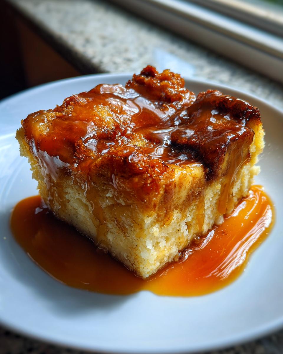 A square slice of rich bread pudding generously topped with glossy bourbon sauce.