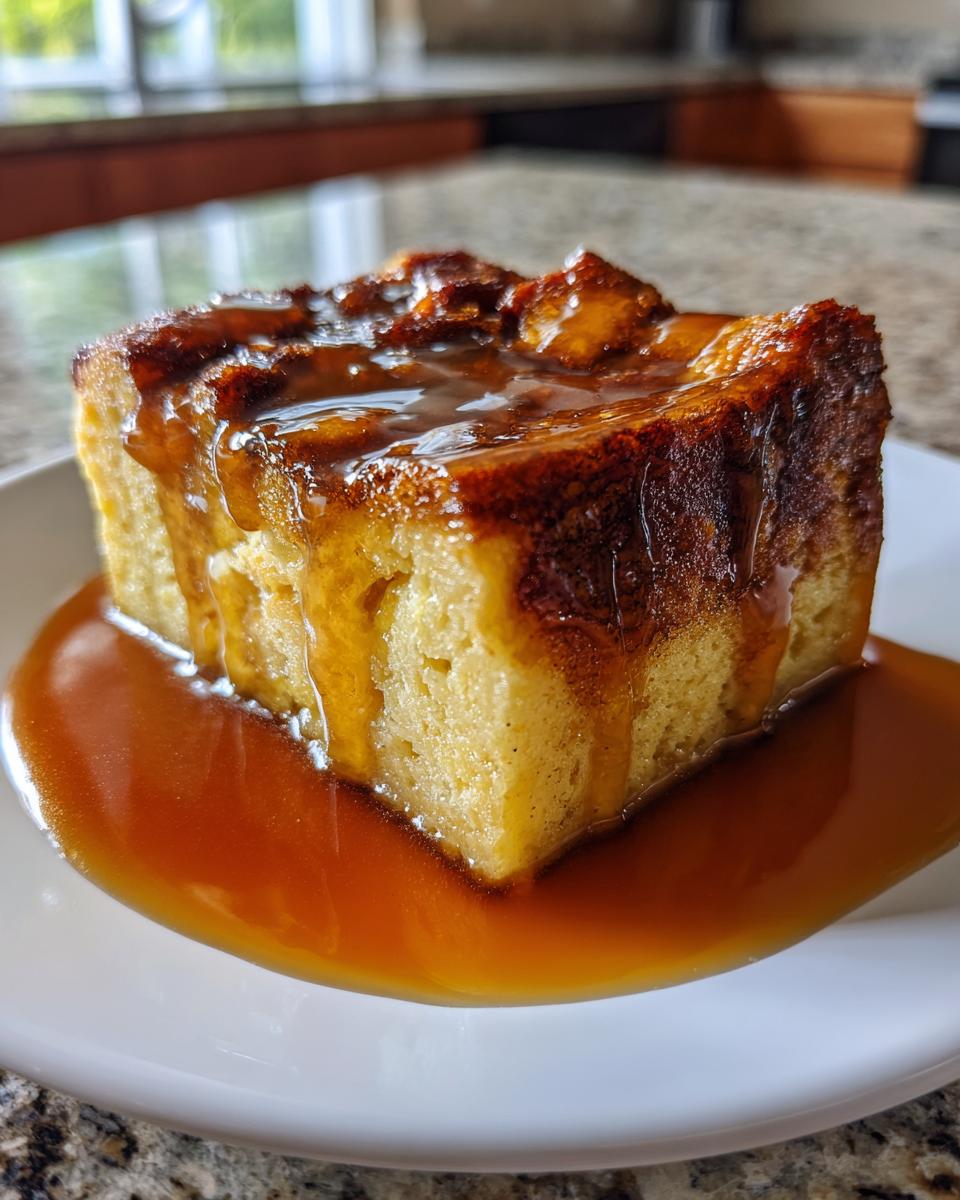 A square slice of golden bread pudding with bourbon sauce generously poured over the top and pooling on the white plate.