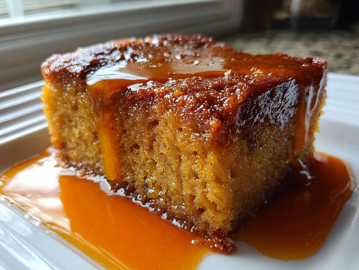 Close-up of a moist slice of bread pudding with bourbon sauce generously drizzled over the top and pooling on the white plate.