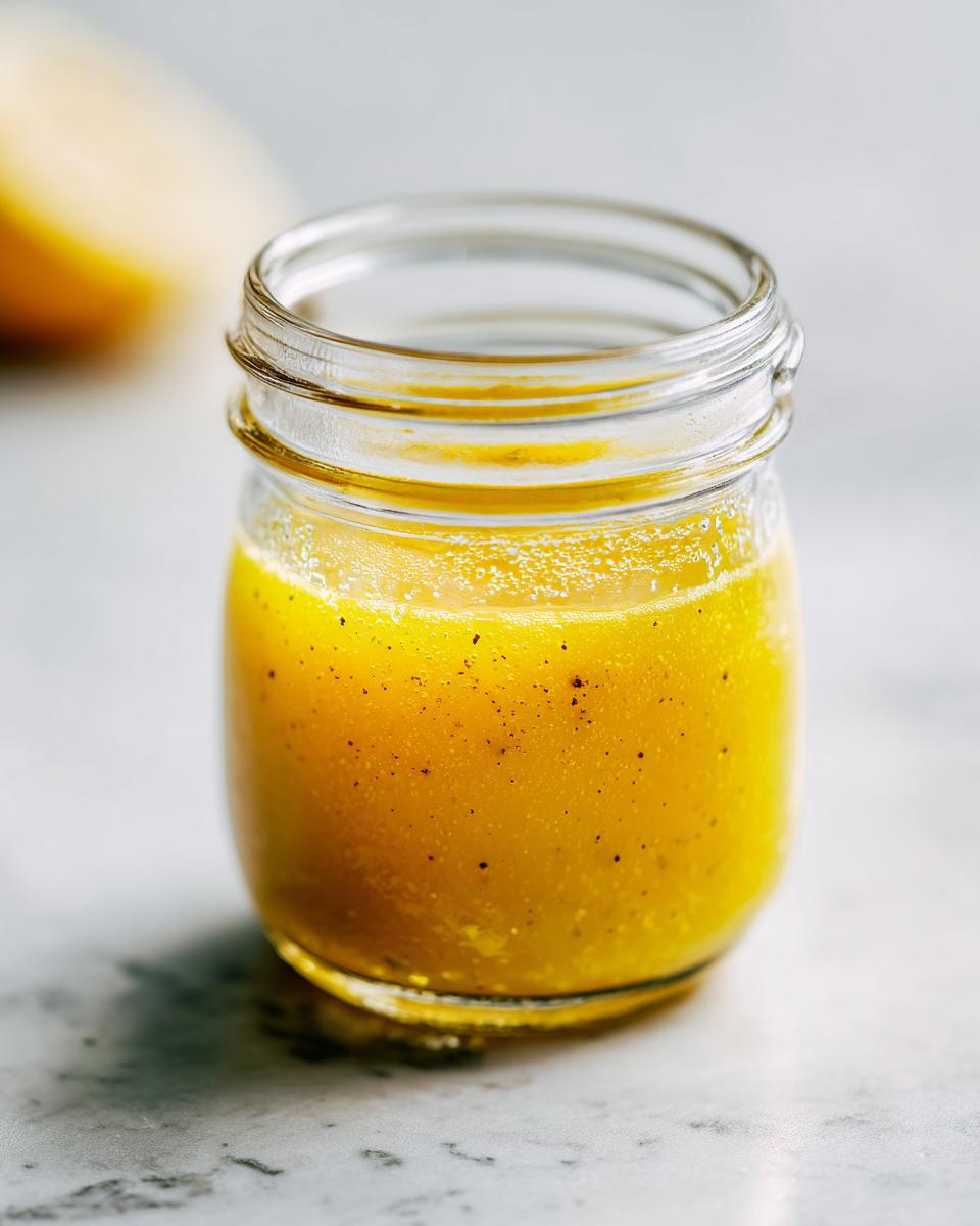 Close-up of a small glass jar filled with bright yellow, slightly emulsified salad dressing speckled with black pepper.
