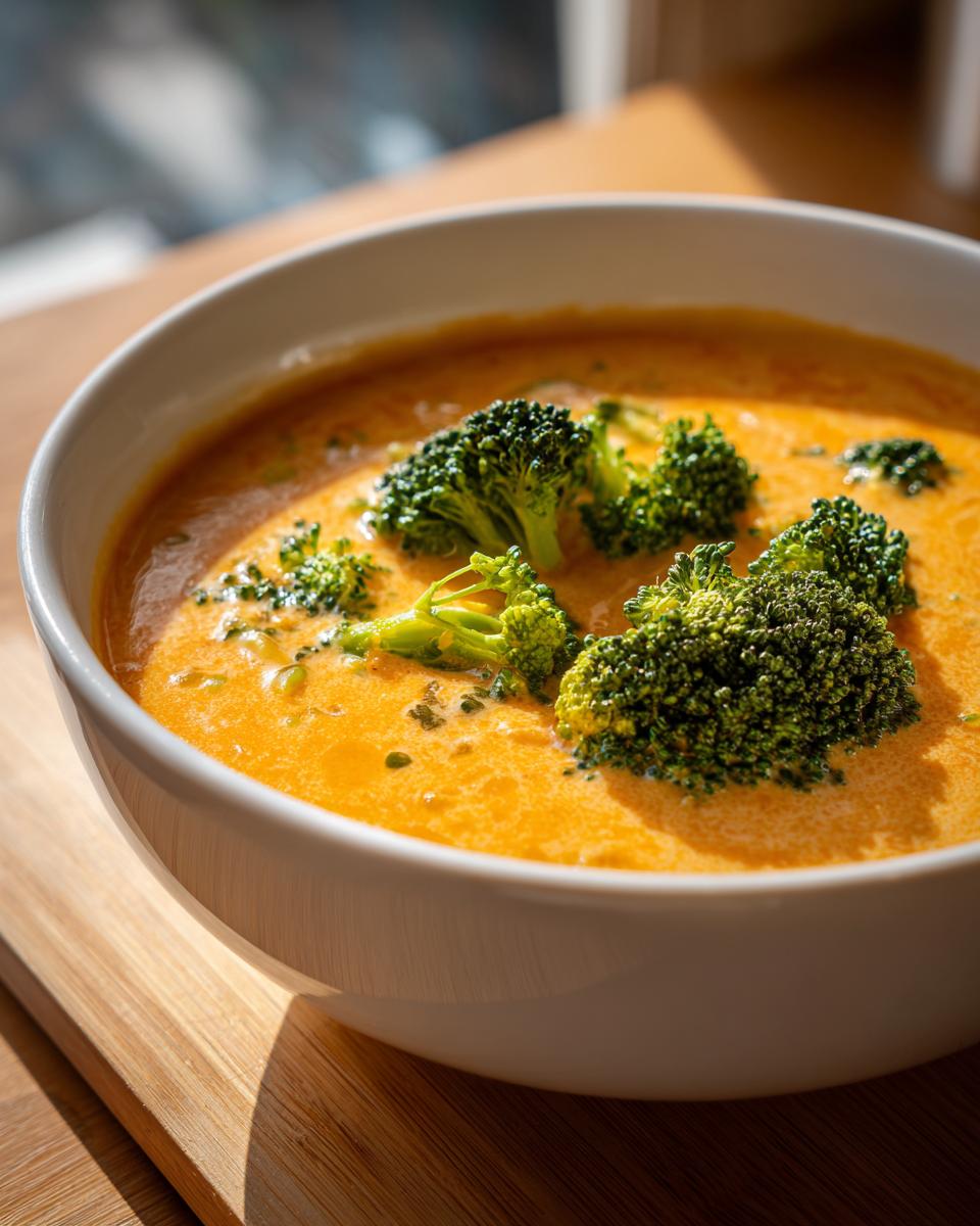 Close-up of a white bowl filled with vibrant orange broccoli cheddar soup, topped with fresh broccoli florets.