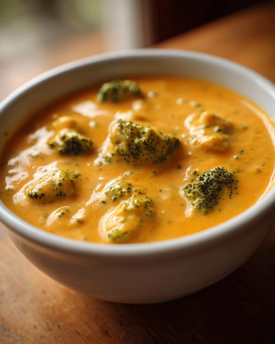 Close-up of a white bowl filled with rich, orange broccoli cheddar soup featuring visible florets of green broccoli.