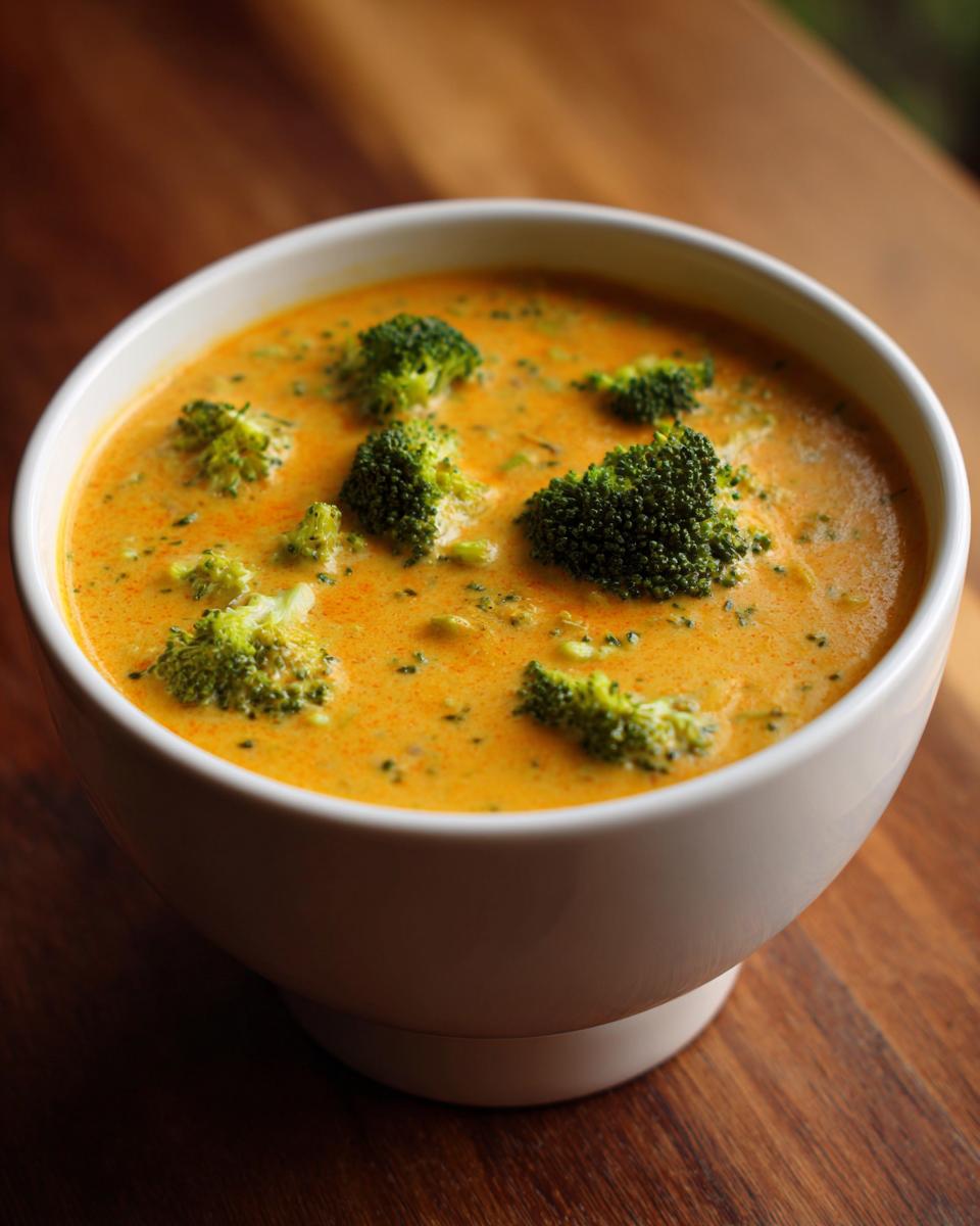 Close-up of a creamy, orange-colored broccoli cheddar soup topped with bright green broccoli florets in a white bowl.