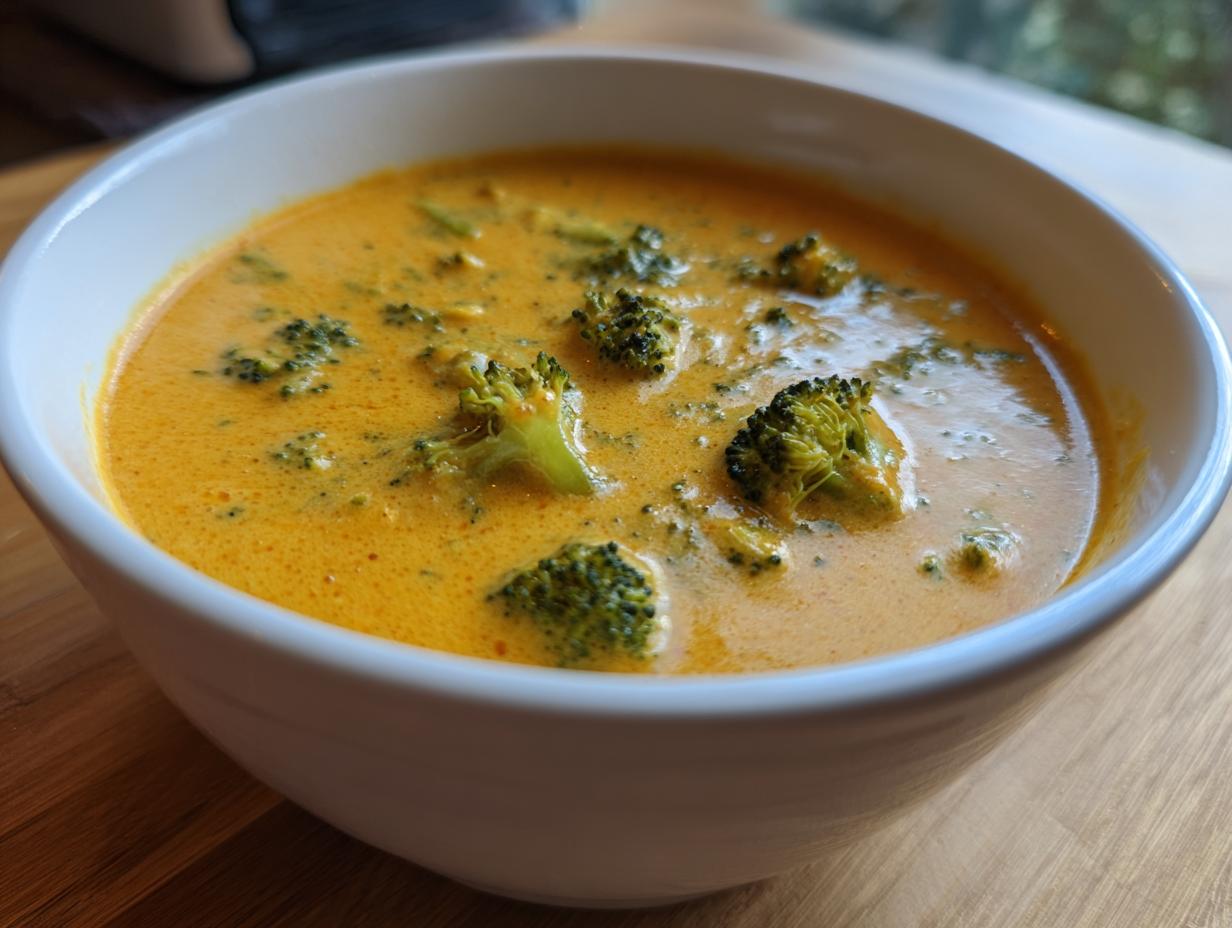 Close-up of a hearty bowl of creamy, orange-hued broccoli cheddar soup with visible florets.