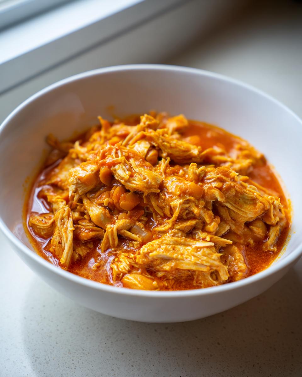A white bowl filled with saucy, shredded chicken from a hearty buffalo chicken chili, set near a window.