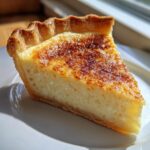 A close-up slice of buttermilk pie with a creamy, pale yellow filling and a beautifully caramelized, browned top crust.
