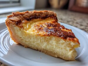 A close-up of a single slice of buttermilk pie showing the creamy filling and deeply browned top crust.