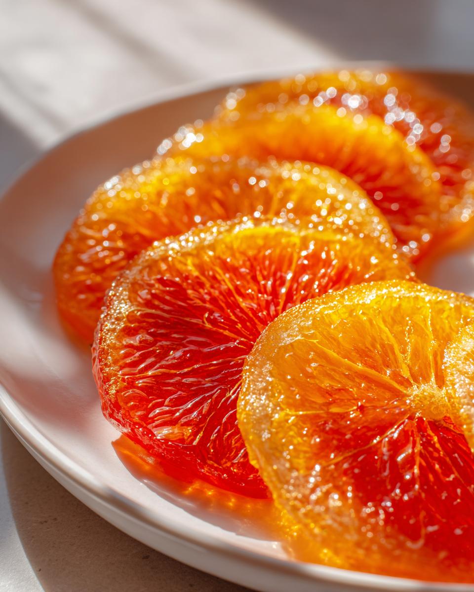Close-up of glistening, deep orange and red candied orange slices arranged on a white plate.