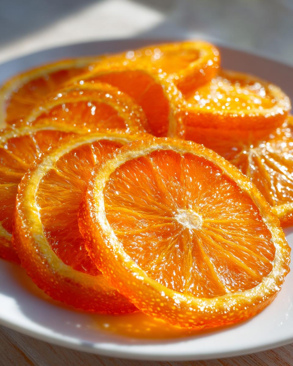 Close-up of glistening, bright orange candied orange slices arranged on a white plate.