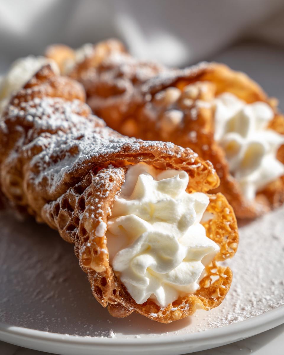 Close-up of two freshly made cannoli recipe shells filled with piped sweet cream and dusted with powdered sugar.