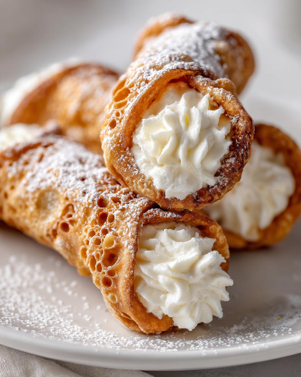 Close-up of several freshly made cannoli recipe pastries filled with white cream and dusted with powdered sugar.