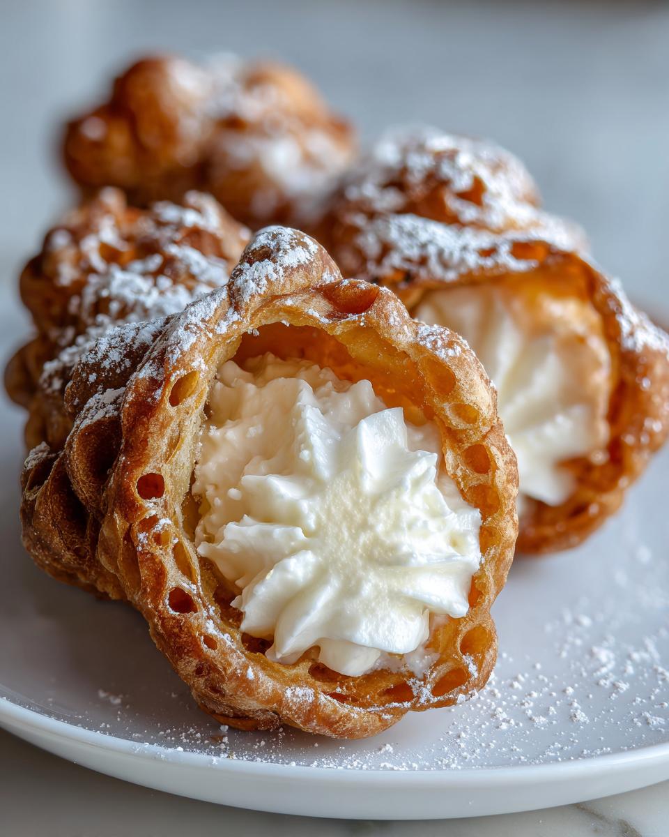 Close-up of a freshly filled cannoli recipe shell, piped with white cream and dusted with powdered sugar.