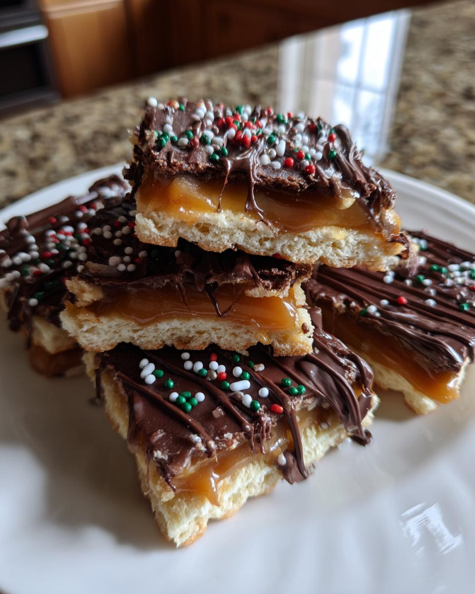 Stack of caramel ritz cracker christmas cookies with chocolate drizzle and holiday sprinkles.