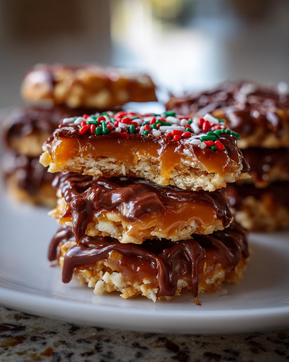 Close-up of stacked caramel ritz cracker christmas cookies topped with chocolate drizzle and festive sprinkles.