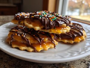 Stack of caramel ritz cracker christmas cookies topped with chocolate drizzle and festive sprinkles.