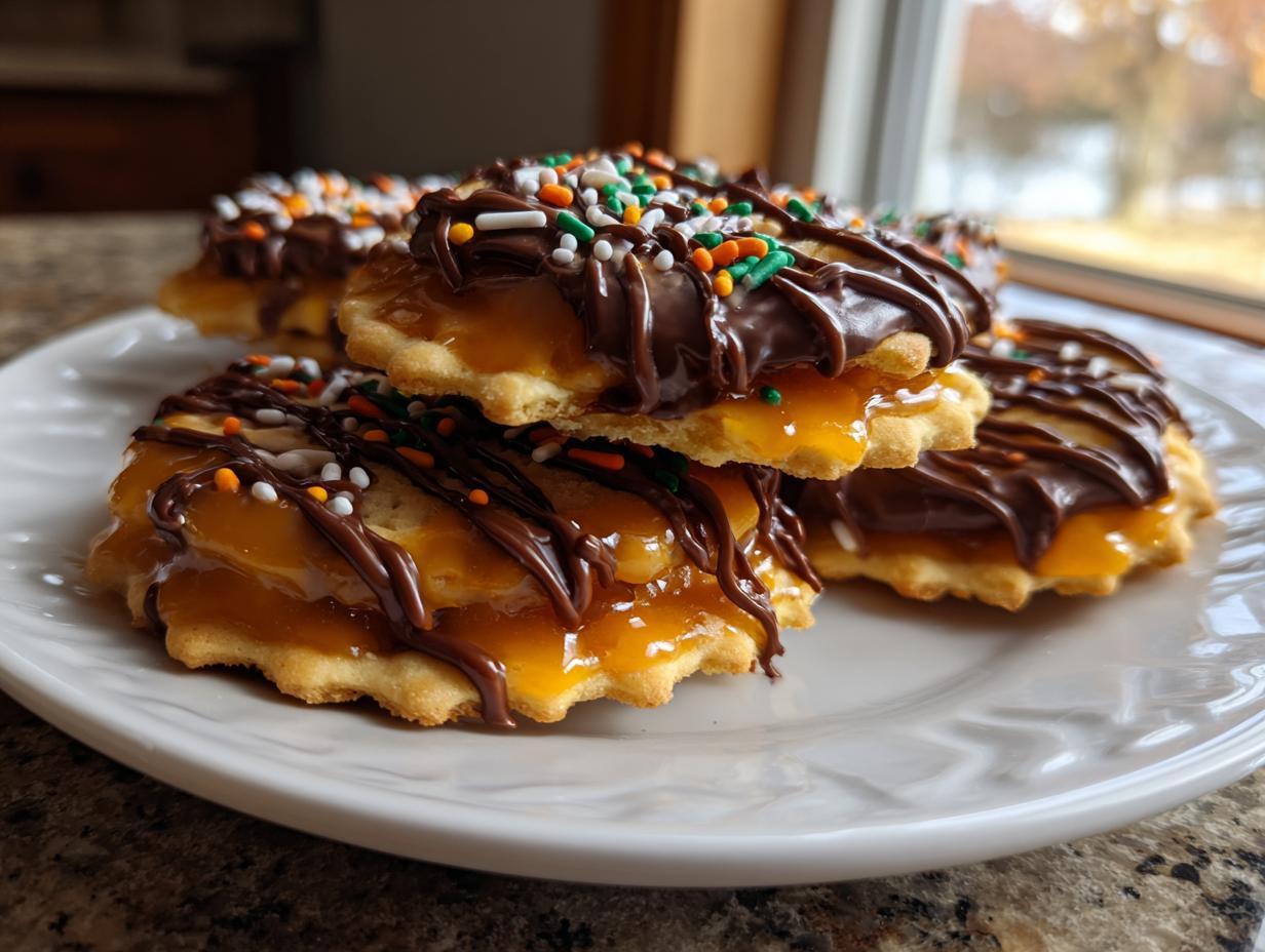 Stack of caramel ritz cracker christmas cookies topped with chocolate drizzle and festive sprinkles.