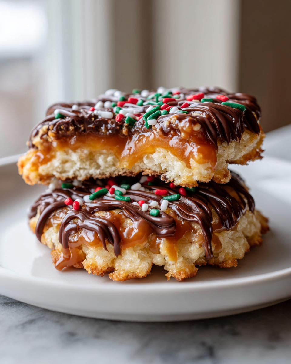 Two stacked caramel ritz cracker christmas cookies drizzled with chocolate and festive sprinkles.