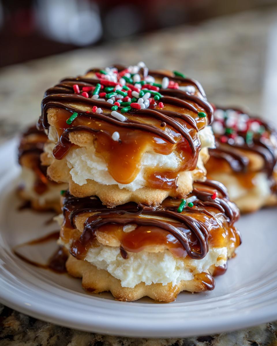 Close-up of stacked caramel ritz cracker christmas cookies drizzled with chocolate and festive sprinkles.