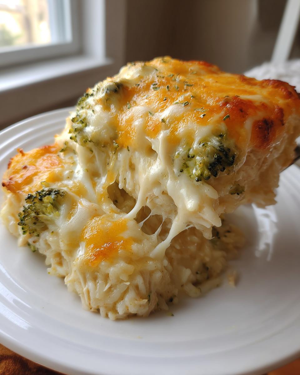 A serving of cheesy chicken broccoli rice casserole showing a dramatic cheese pull, topped with melted cheddar and herbs.