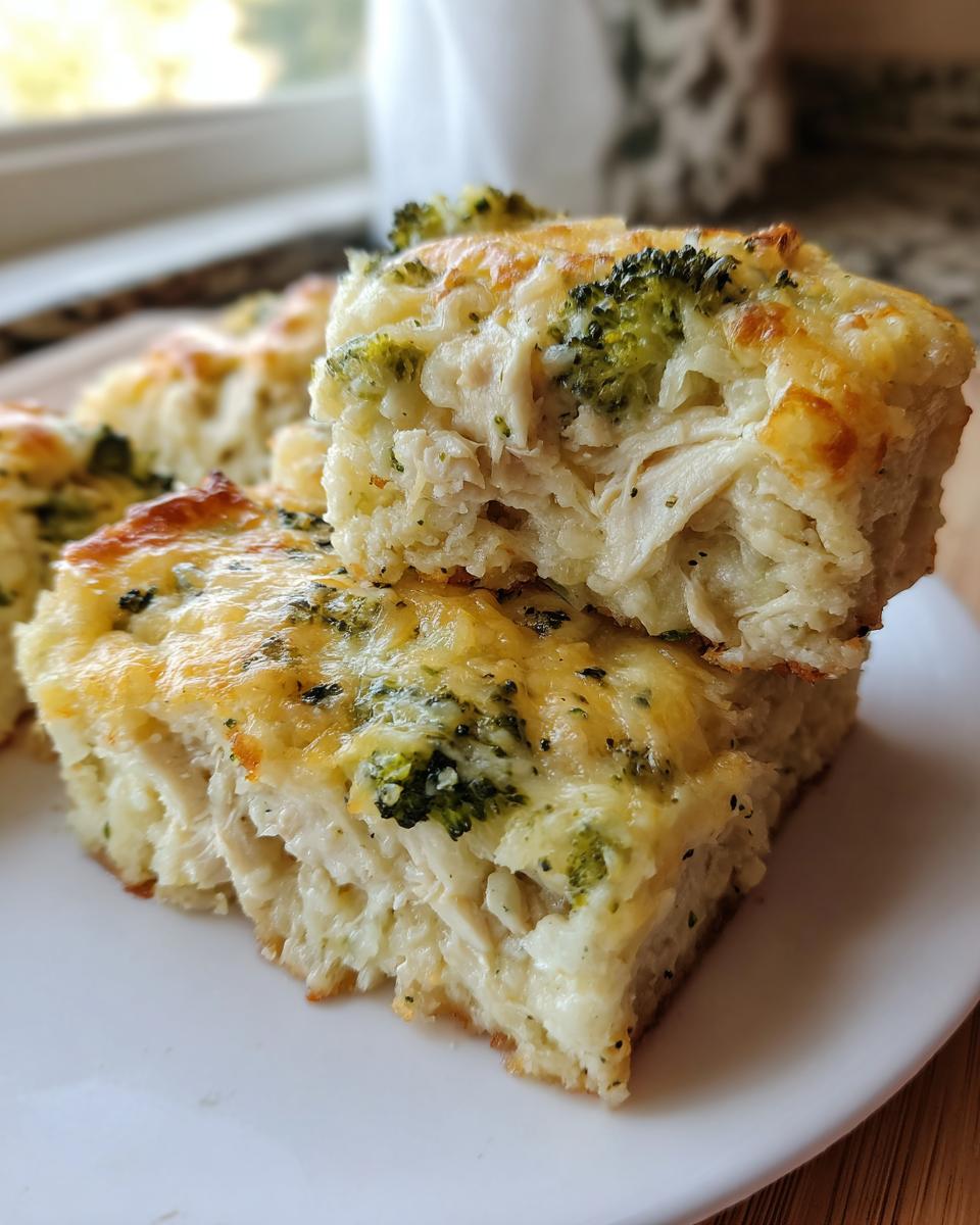 Two stacked squares of cheesy chicken broccoli rice casserole showing shredded chicken, rice, and melted cheese topping.