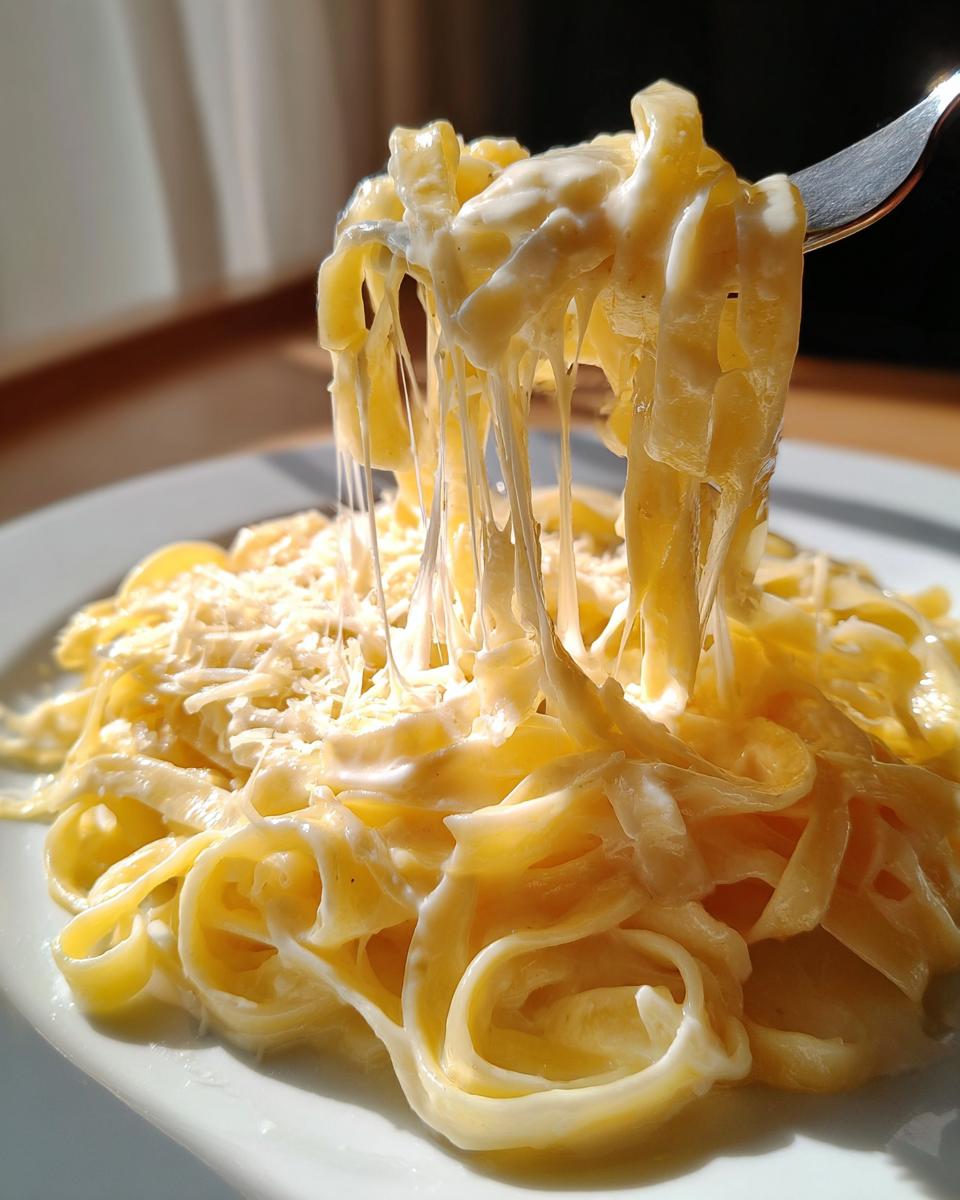 A fork lifts fettuccine noodles coated in creamy olive garden alfredo sauce with a dramatic cheese pull.