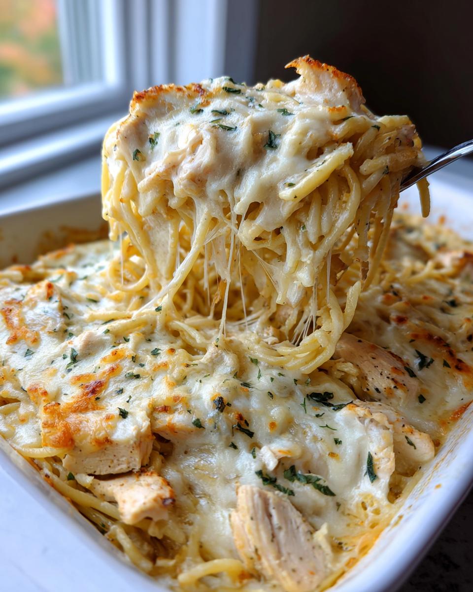 A fork lifts a cheesy, stringy portion of Monterey chicken spaghetti from a white baking dish.