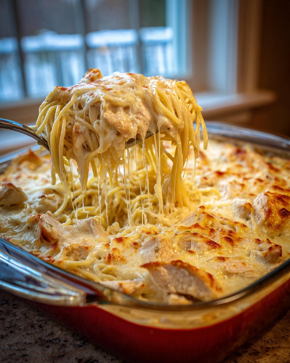 A spoonful of cheesy Monterey chicken spaghetti is lifted from a baking dish, showing extreme cheese pull.