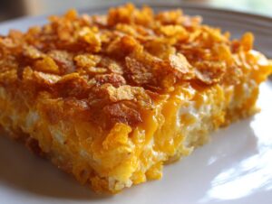 Close-up of a rich, cheesy slice of potato casserole topped with golden, crunchy cornflakes.
