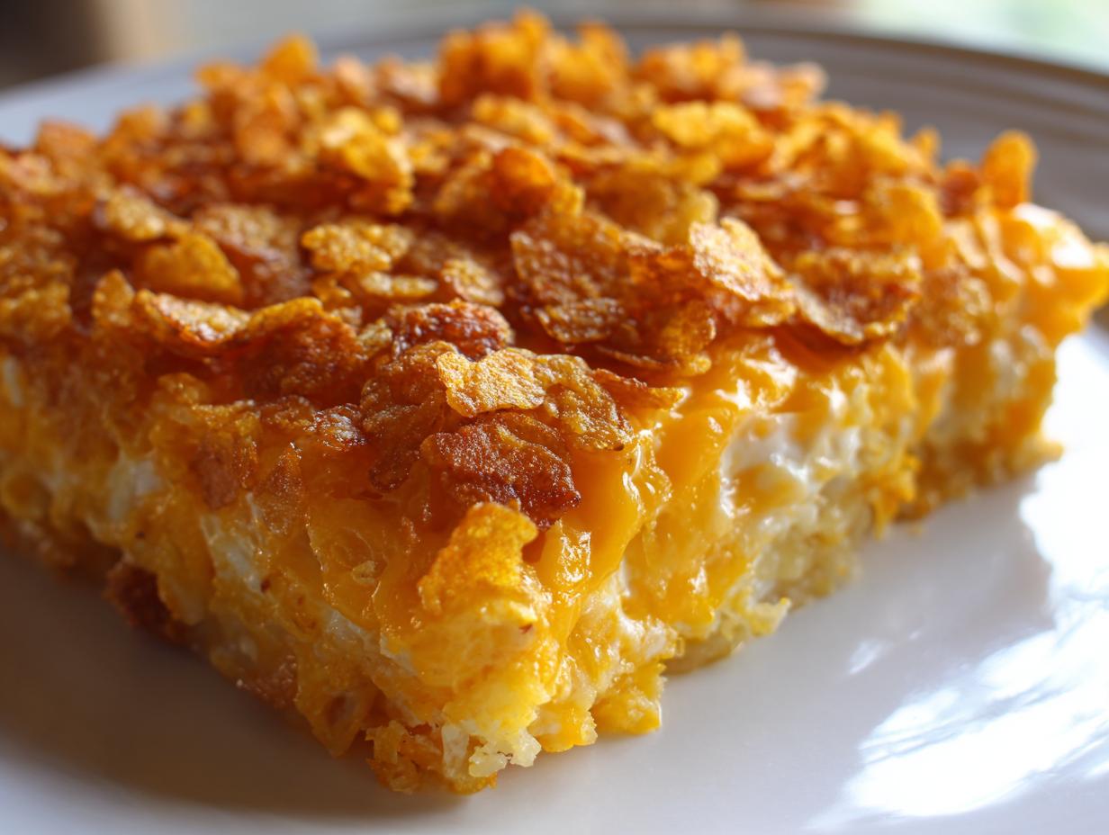 Close-up of a rich, cheesy slice of potato casserole topped with golden, crunchy cornflakes.