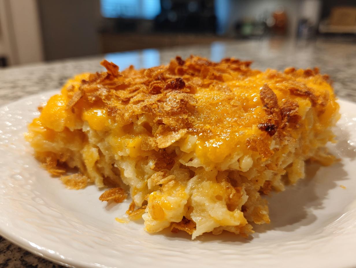 A close-up serving of the amazing 380 calorie cheesy potato casserole with a melted cheese and crunchy topping.