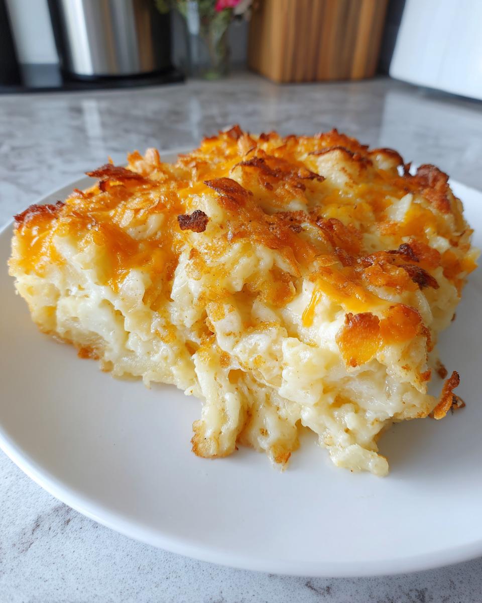 A square serving of creamy, baked cheesy potato casserole topped with melted, browned cheddar cheese.