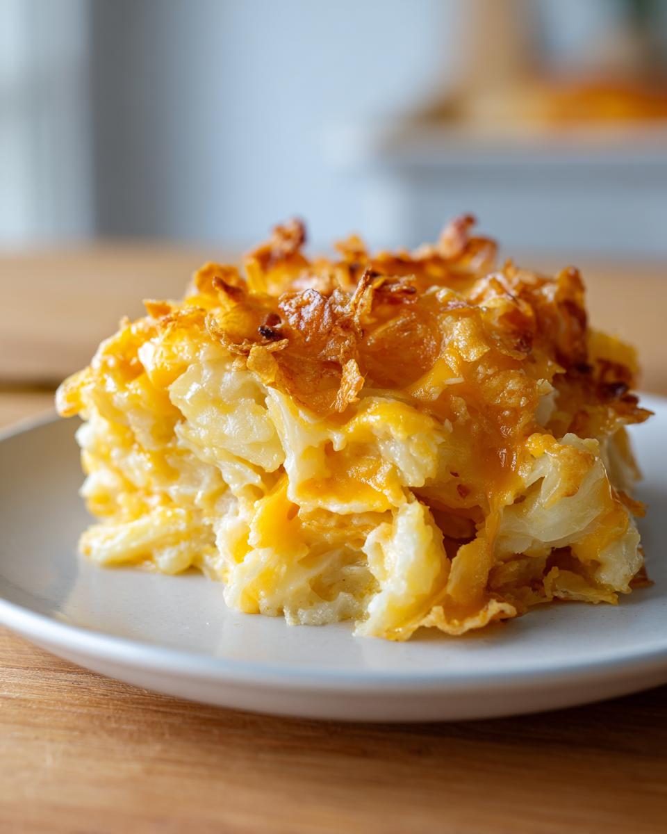 A generous serving of cheesy potato casserole with a golden, crispy, cheesy topping on a light plate.