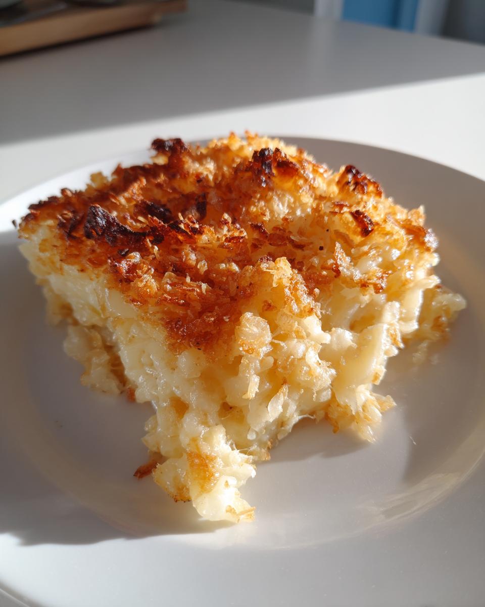 A close-up of a serving of cheesy potato casserole with a deeply browned, crispy topping on a white plate.