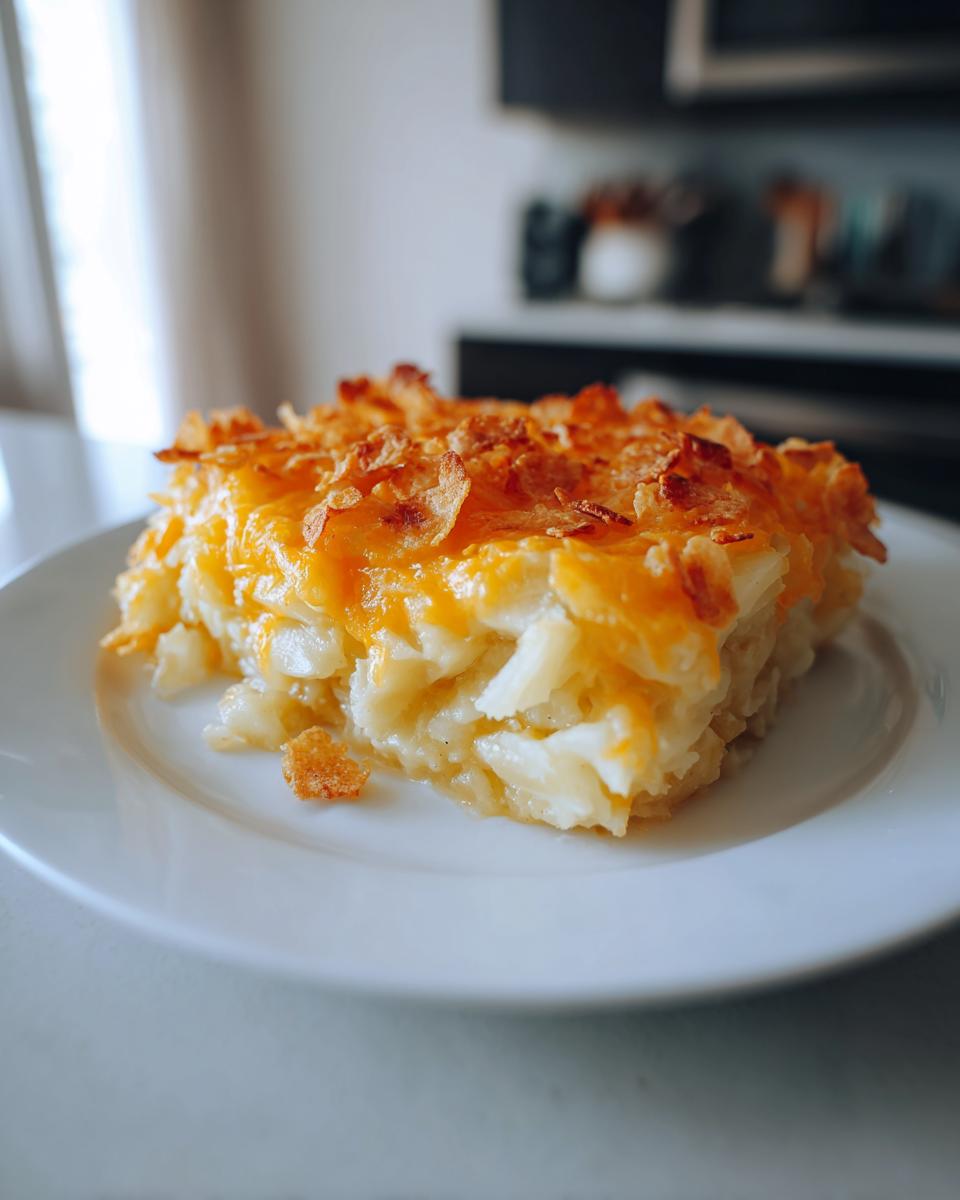 A square serving of cheesy potato casserole topped with melted cheddar and crispy flakes on a white plate.