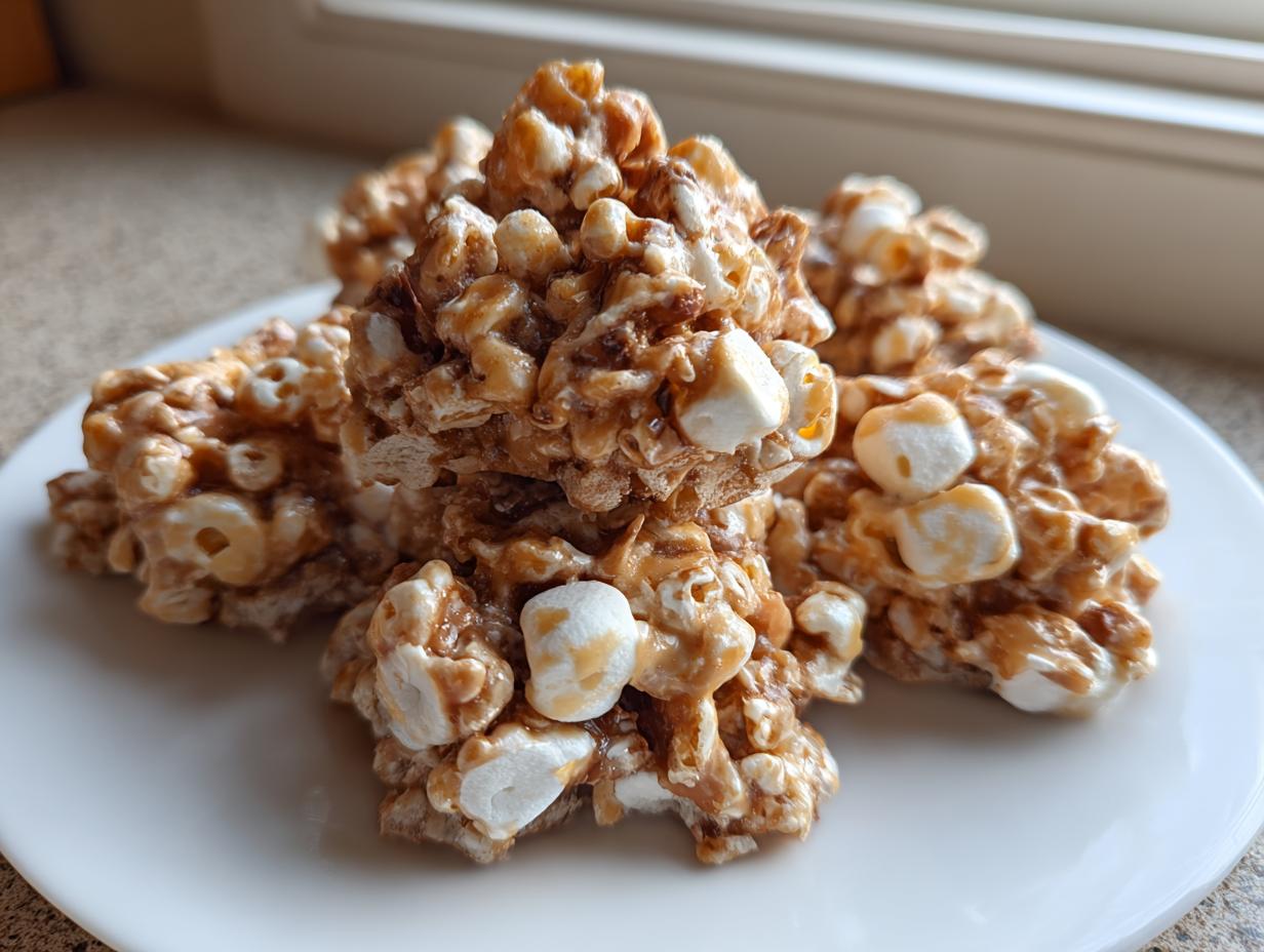 A stack of gooey, caramel-colored avalanche cookies studded with white marshmallows on a white plate.