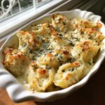 A close-up of baked chicken alfredo stuffed shells covered in melted, browned cheese and parsley.