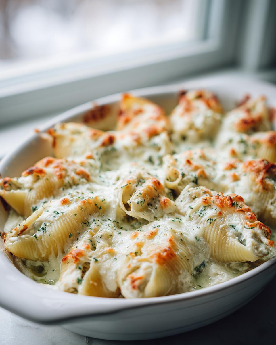 Close-up of baked chicken alfredo stuffed shells covered in creamy sauce and melted, browned cheese.