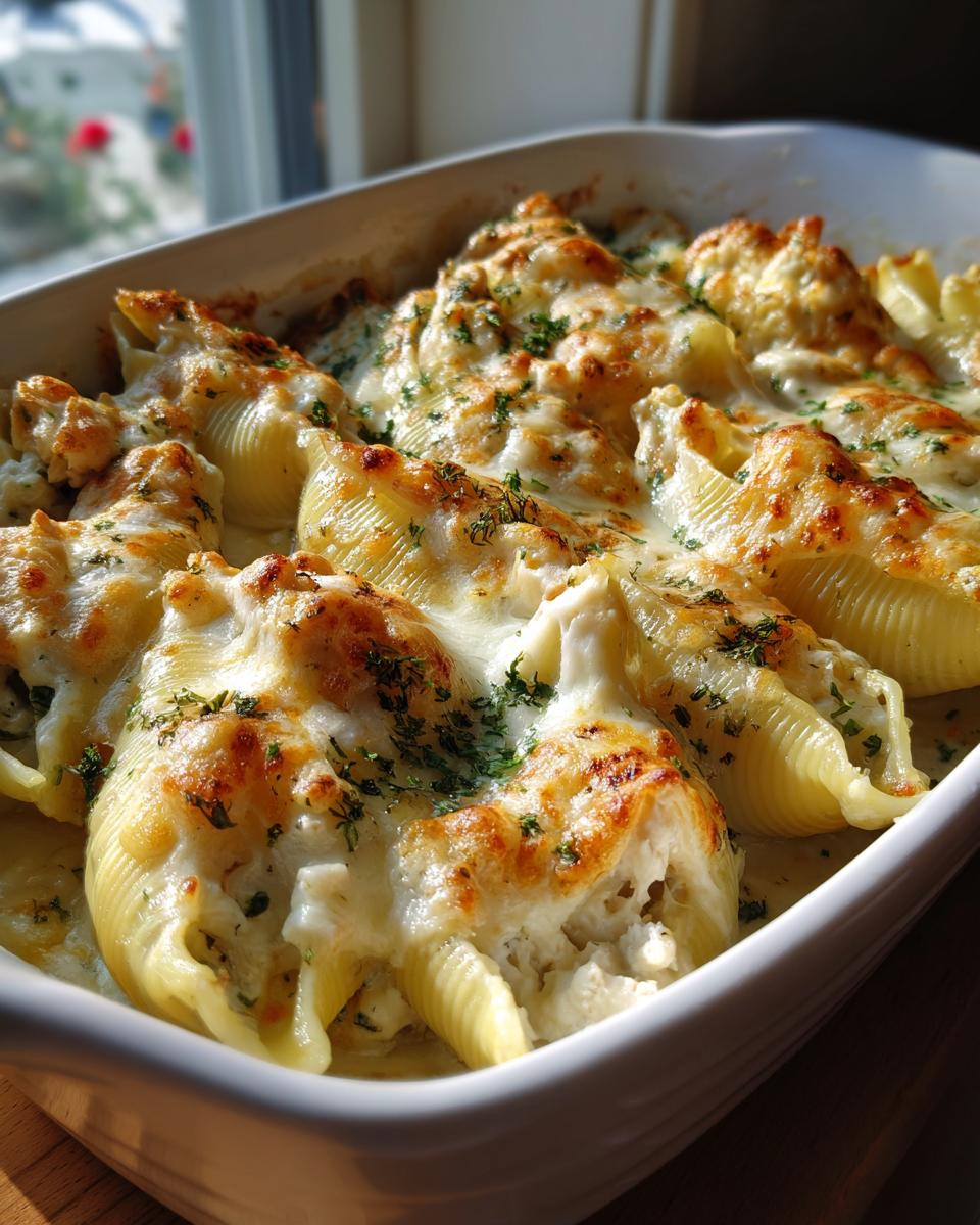 Close-up of baked chicken alfredo stuffed shells covered in melted, browned cheese and sprinkled with parsley.