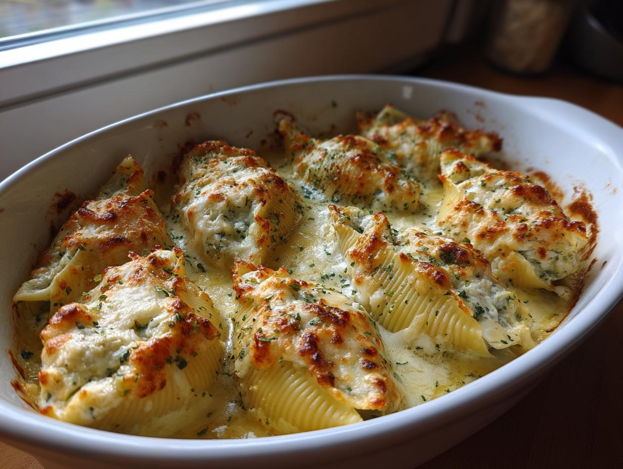 Close-up of baked chicken alfredo stuffed shells in a white casserole dish, topped with melted, browned cheese.