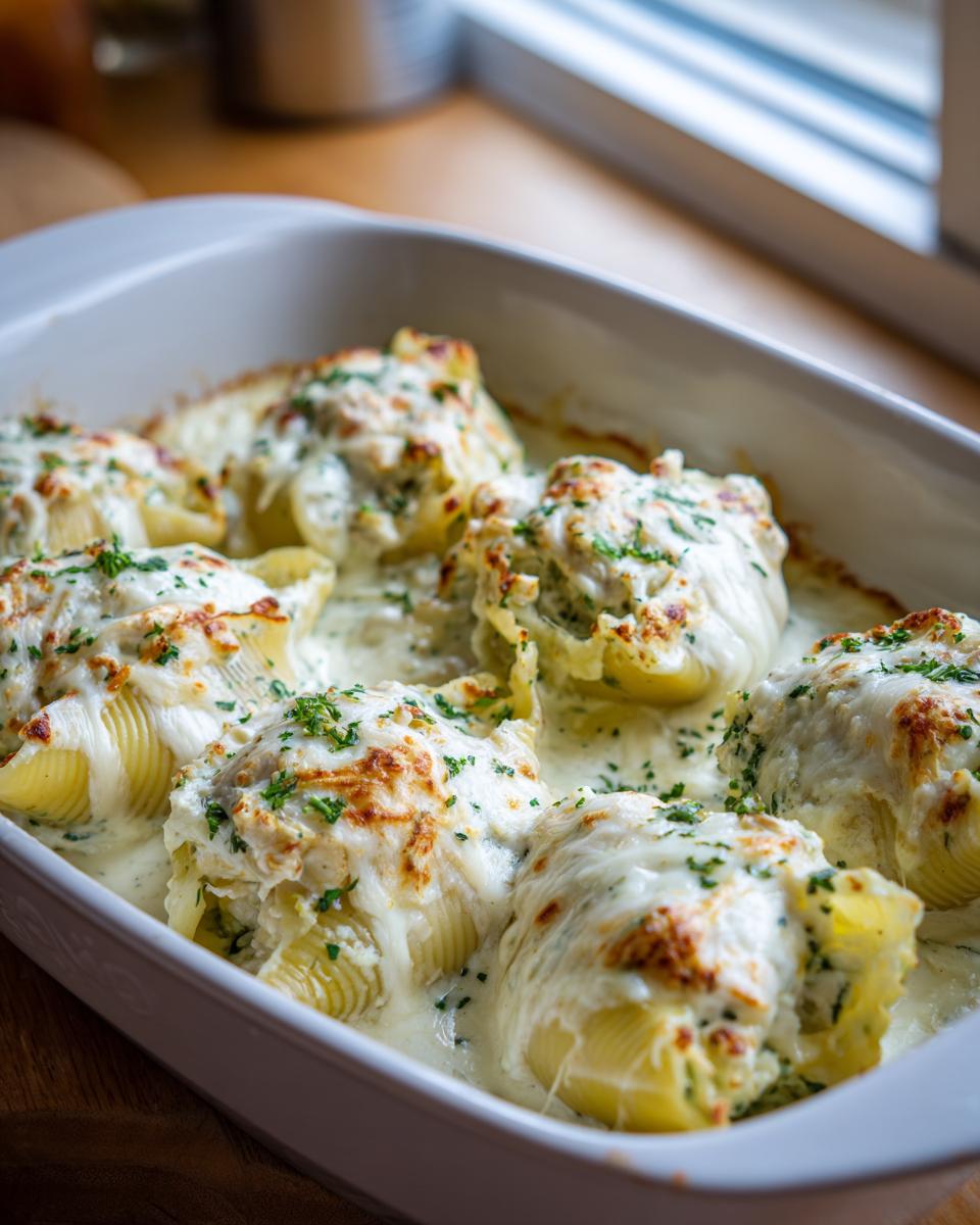 Close-up of baked chicken alfredo stuffed shells covered in melted cheese and parsley in a white baking dish.