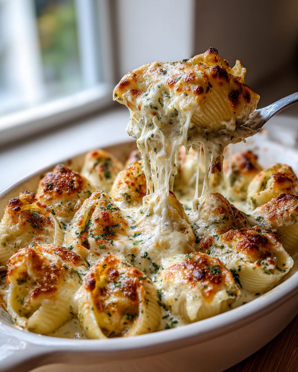 A serving spoon lifts one cheesy, baked chicken alfredo stuffed shell, showing a dramatic cheese pull.