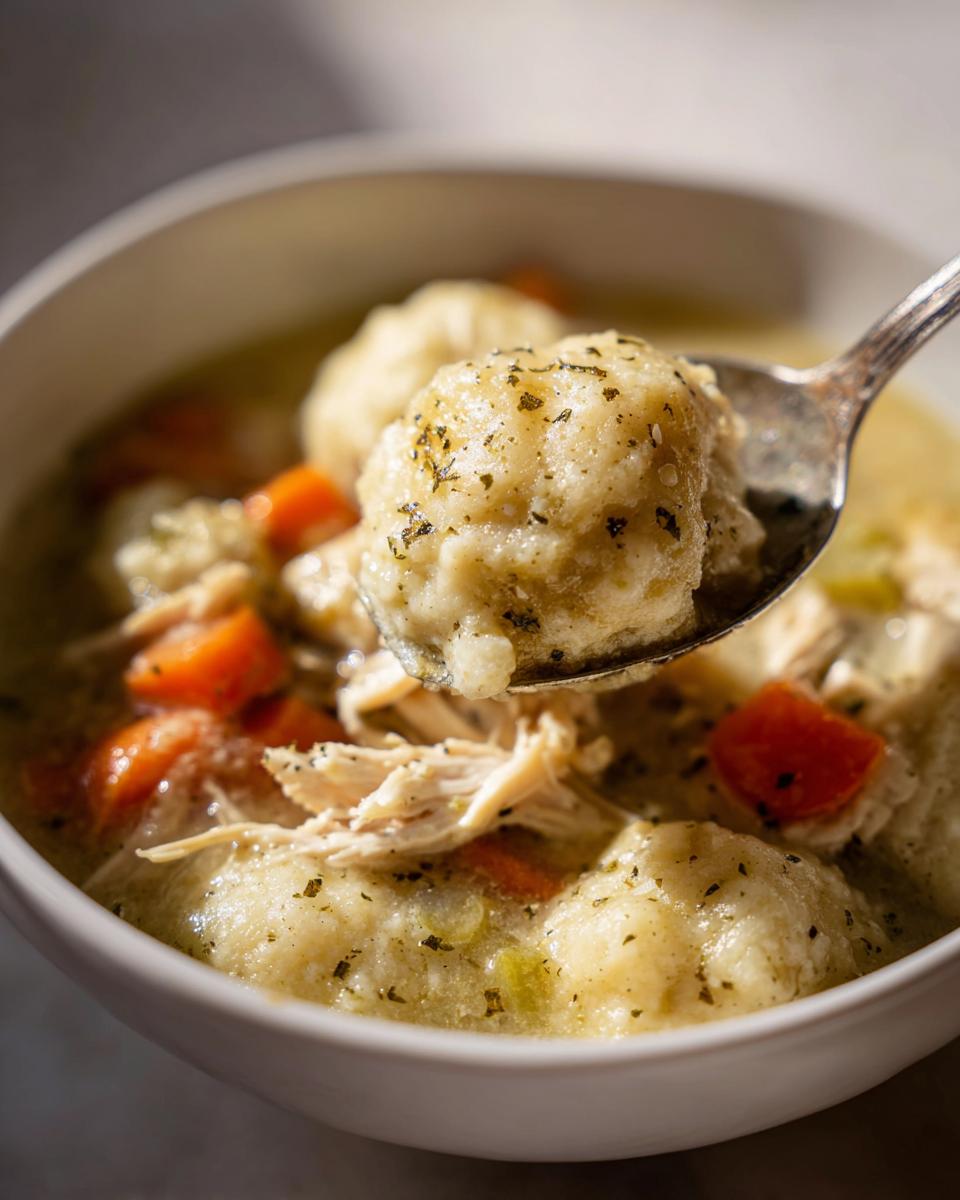 A spoonful of creamy chicken and dumpling soup, highlighting a fluffy dumpling seasoned with herbs.